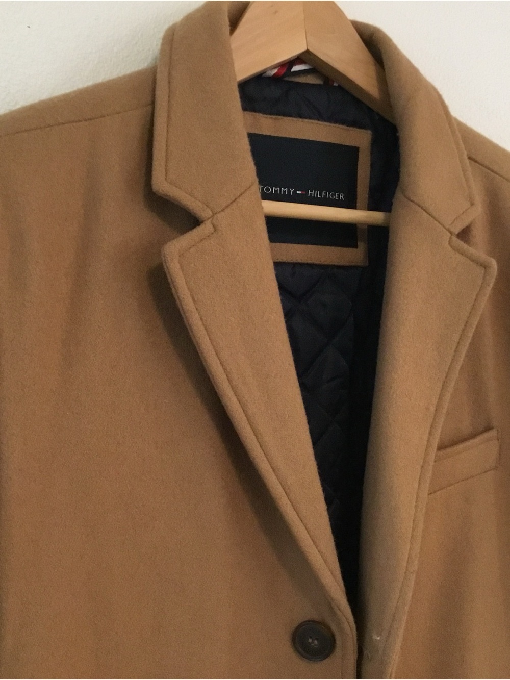Tommy Hilfiger Camel Pea Coat with Quilted Navy Lining